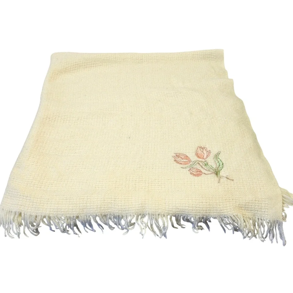 Tulips & Ivory Throw Blanket Unisex Cream Wool Blend Embroidered Pink Floral USA